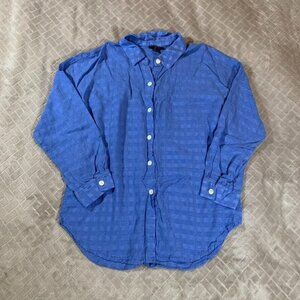 Tribal Womens L Button Up Shirt Blue Sheer Gingham Plaid Linen Blend Long Sleeve